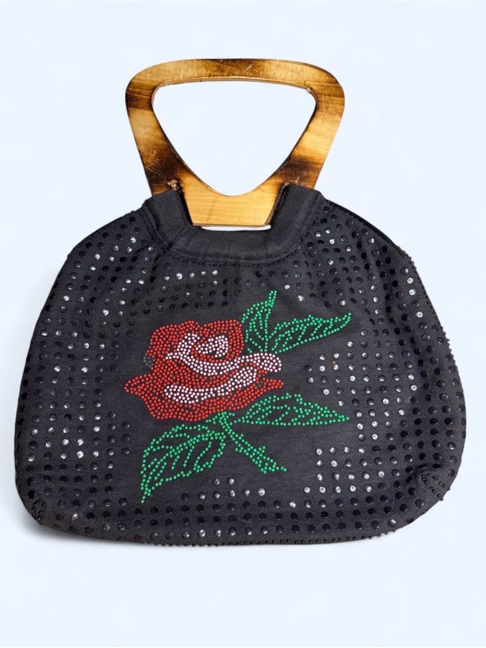 Black‎ Hato Hasi Vintage Sequin Rose Purse with Wooden Handles